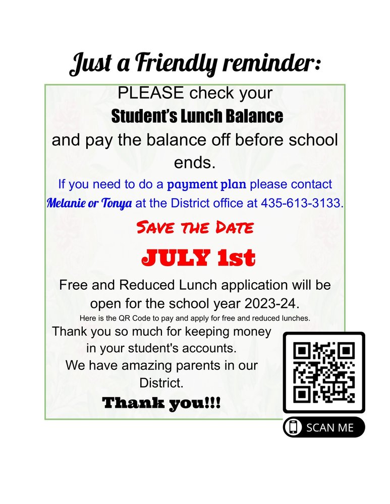 Friendly Reminder for Lunch Balances and other info