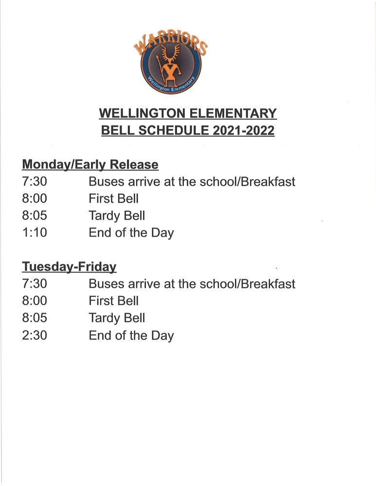 2021-22 Bell Schedule | Wellington Elementary