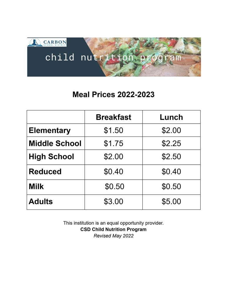 2022-2023 School Meal Prices