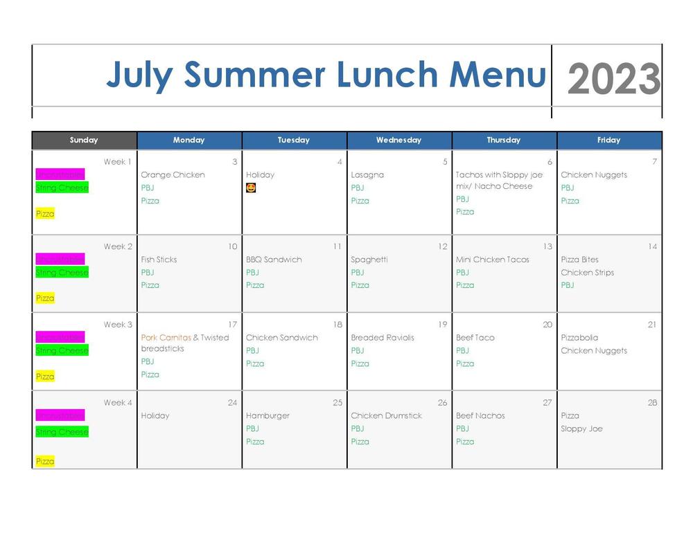 July 2023 Summer Lunch Menu