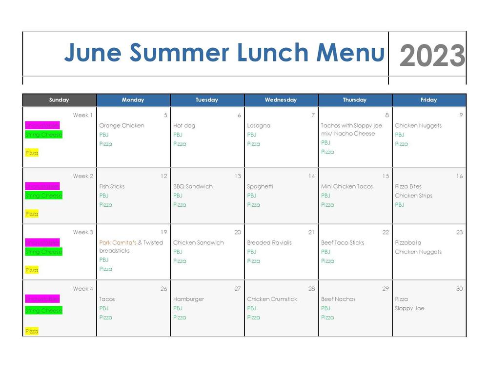 June 2023 Summer Lunch menu